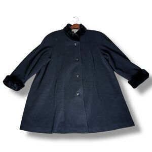 Kathryn Deene Vintage Wool USA Made Black Coat Faux Fur Trim Women’s Size 18/20
